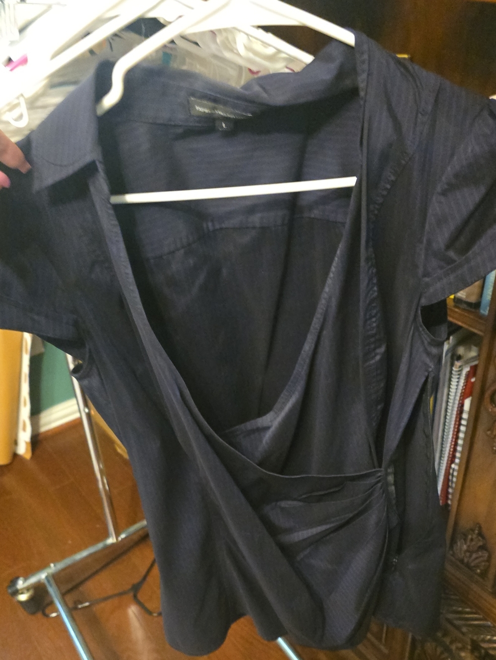 Express Deep Purple & Black  Wrap-Style Short Sleeve Button Down Top